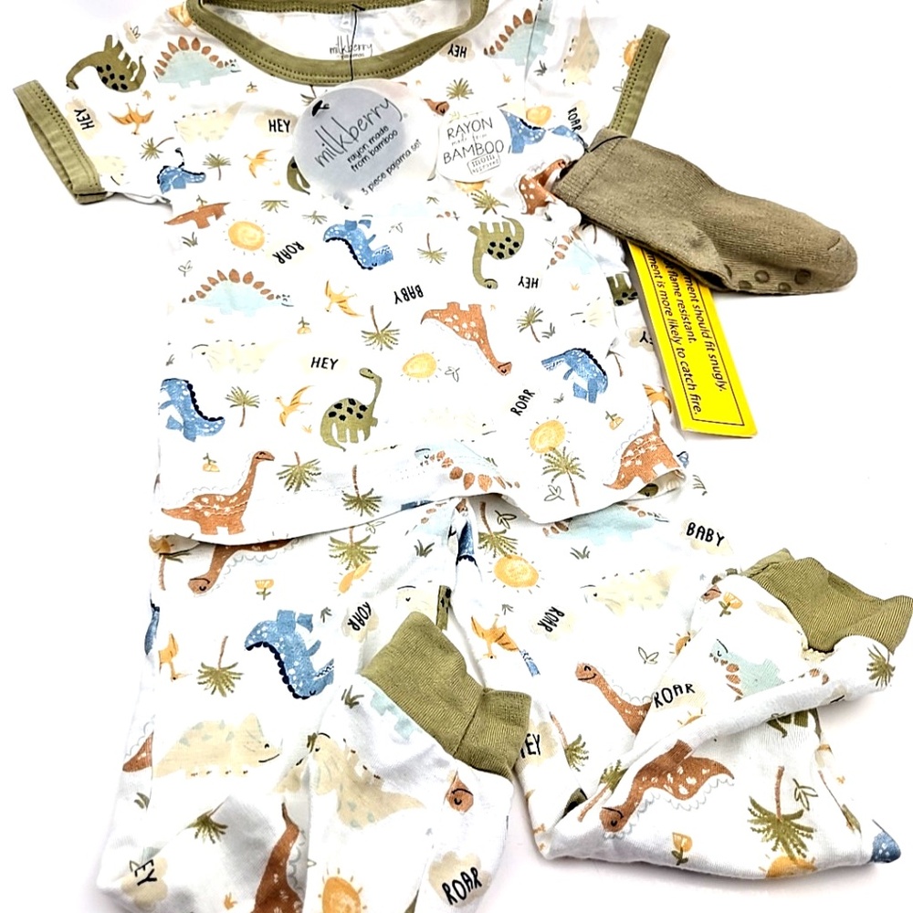 Milk Berry Bamboo Size 18m Boys Pajama Set Matching 3pc Top Pants Socks Dino